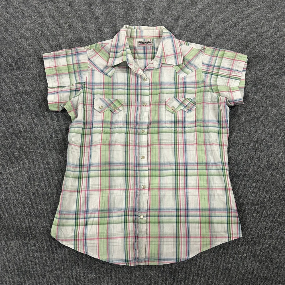 Wrangler Shirt Womens Size S Green Pink Plaid Pearl Snap Western Short Sleeve